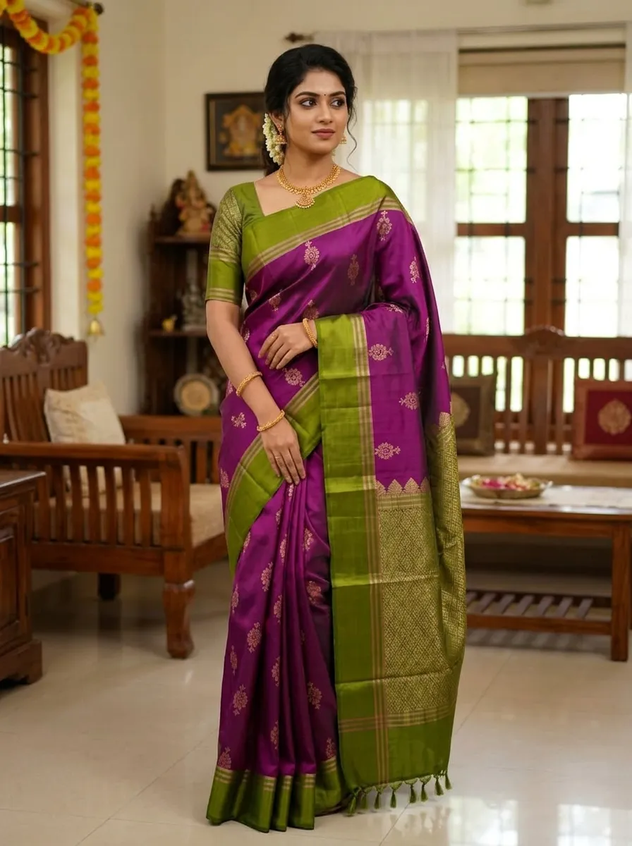 Lime Green & Purple Contrast Saree